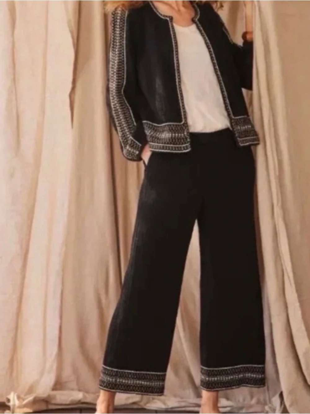 J. Jill Black Wide-Leg Pants with Embroidered Hem
